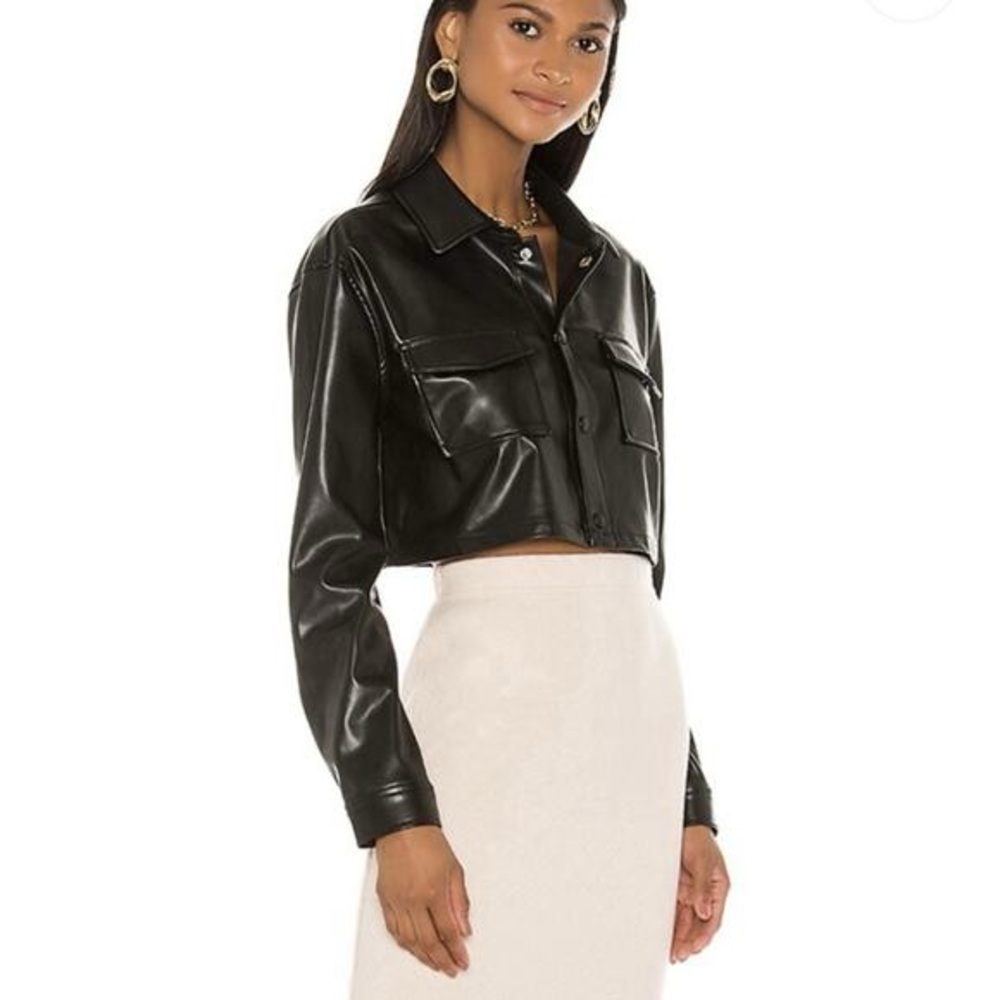 L’Academie from REVOLVE Fearless Cropped Shacket Faux Leather Shirt Black